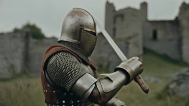 A knight clad in armor stands ready with his sword, a medieval castle in the background. The knight is prepared for battle