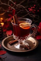 Hot mulled wine in a glass cup with cinnamon sticks and orange slice. Vertical photo of festive winter drink on a vintage metal tray. Christmas holiday background with red berries and pine cones