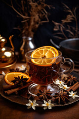 Glass cup of hot tea with orange slices and spices on a rustic tray. Cozy autumn beverage with cinnamon and star anise