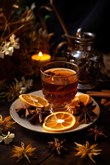 Hot spiced tea with star anise and dried orange slices. Cozy autumn still life with candle and vintage teapot