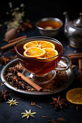 Hot spiced tea with orange and cinnamon in a glass cup. Cozy autumn or winter drink with star anise on a dark rustic table. Warm and comforting beverage concept