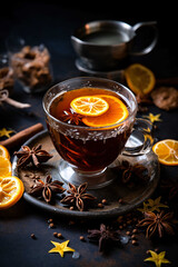 Hot herbal tea in a glass cup with orange slice and star anise. Cozy winter drink on dark rustic background. Spiced beverage concept