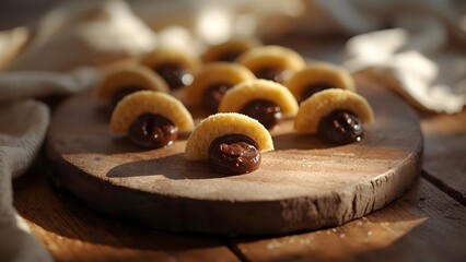 Delicious semicircle cookies filled with chocolate on a wooden board in sunlight