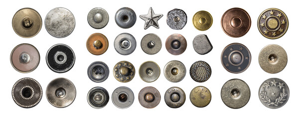 Collection of metal jeans buttons and rivets on transparent background