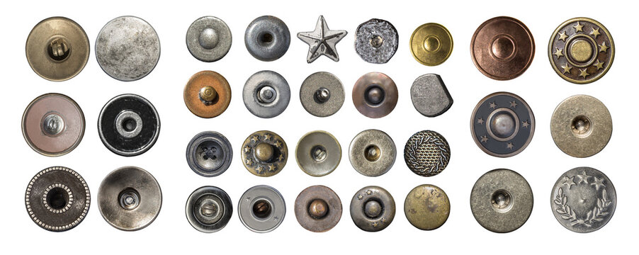 Collection of metal jeans buttons and rivets on transparent background