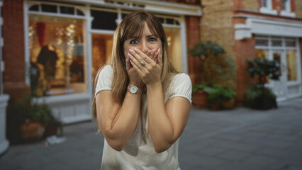 Fototapeta premium Woman covering mouth with hands on street outside shop window display, palms over lips and startled eyes; surprise curiosity.