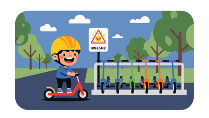 Flat vector illustration of a kid renting a scooter at a theme park station, wearing a helmet, beside a rack, safety sign and tree-lined path. Solid colors, no gradients © Amie