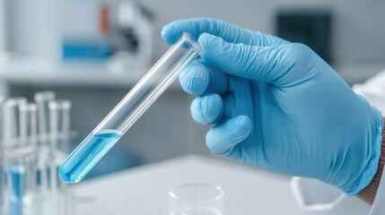 Fototapeta premium Person in Blue Gloves Holding Test Tube with Blue Liquid in Laboratory Environment with Scientific Equipment in Background