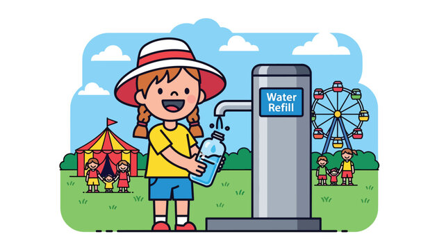 Flat vector illustration of a kid filling a water bottle at a theme park refill station with shaded seating, first-aid icon sign and clear pathways. Solid colors, no gradients