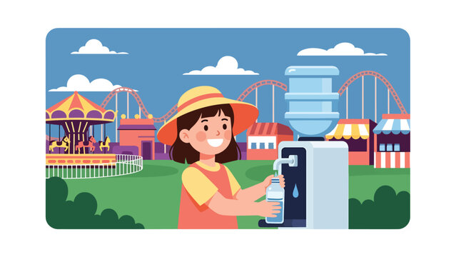 Flat vector illustration of a kid filling a water bottle at a theme park refill station with shaded seating, first-aid icon sign and clear pathways. Solid colors, no gradients