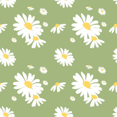 Seamless pattern with hand-drawn daisies on a green background. Suitable for fabric, wallpaper, and textiles. Vector.