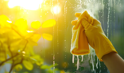 Hand in a yellow rubber glove washing a window with a cloth. Housekeeping and spring cleaning on a sunny day with bright sunlight