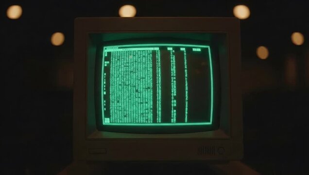Vintage cathode ray tube monitor displaying neon green terminal screen data at night