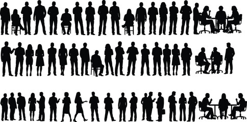 Business people silhouettes collection, professional men and women standing sitting discussing meetings teamwork concepts, black corporate human figures isolated on white background