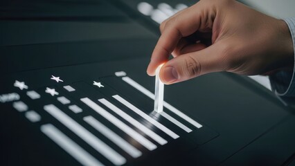 hand holding a transparent plastic card on a black surface with white bars and stars