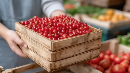 A person holds a wooden crate filled with fresh red berries at a vibrant market, showcasing the beauty of seasonal produce and craftsmanship.