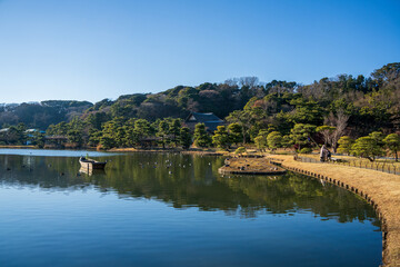 Obraz premium Traditional Japanese Garden with Pond and Pine Trees in Yokohama