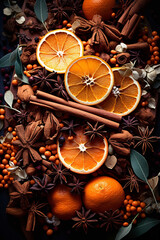 Festive flat lay of Christmas spices with dried orange and cinnamon sticks. Vertical winter holiday background with star anise and aromatic ingredients for mulled wine or baking.