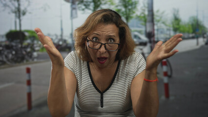 Middle age hispanic woman in striped shirt adjusts glasses on city street lined with parked bicycles and bollards; surprise curiosity.