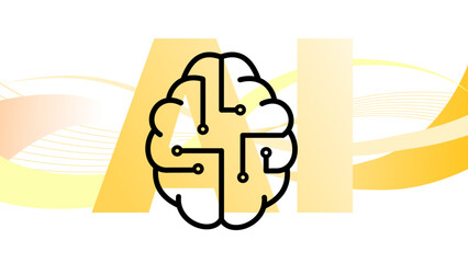 Fototapeta premium Artificial intelligence brain with ai text, yellow waves and copy space, neural network banner vector illustration.