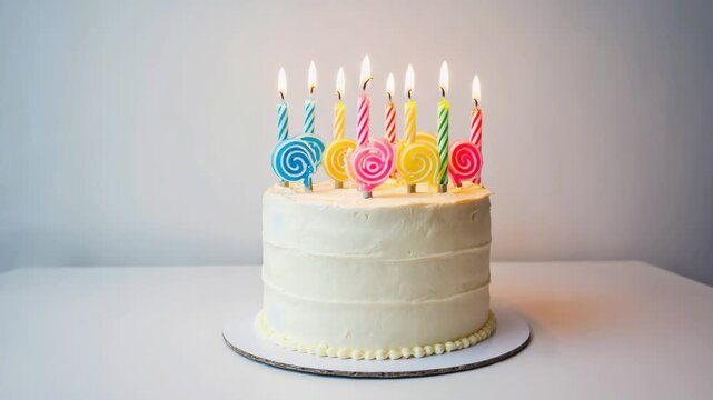 birthday cake with different colourful candles on white plate.