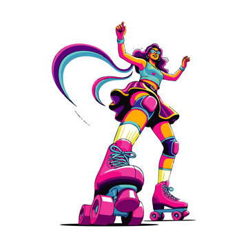 Vibrant illustration of a woman rollerblading with a flowing ponytail and colorful outfit on a clean white background.