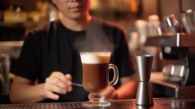 Bartender Preparing a Steaming Hot Coffee Drink with Frothy Cream in a Bar Setting