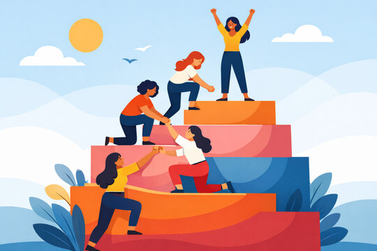 Women raising each other up on layered platforms in modern symbolic composition