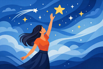 Woman reaching toward abstract star filled sky symbolizing ambition and dreams