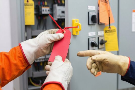 Hands Applying Red Lockout Tag to Electrical Panel During LOTO
