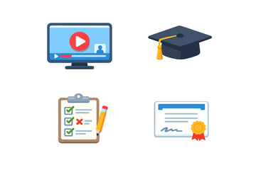 Fototapeta premium Online learning tools support educational growth through video lessons, graduation hats, checklists, and certificates in various formats at any location