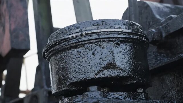 Close-up view of a worn-out piston in an industrial machine with grime and grunge covering the metallic surface