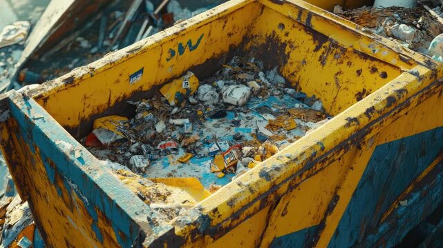 Video A full dumpster overflowing with garbage and waste, suitable for use in scenes about pollution or urban decay