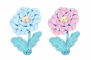 Fototapeta premium Cute kawaii flower character illustration set for stickers, planners, children branding and playful design projects