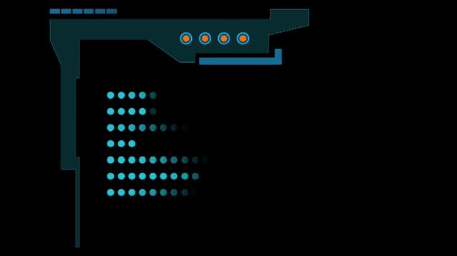 Futuristic HUD interface animation with glowing data dots and digital panel elements on dark sci-fi technology background