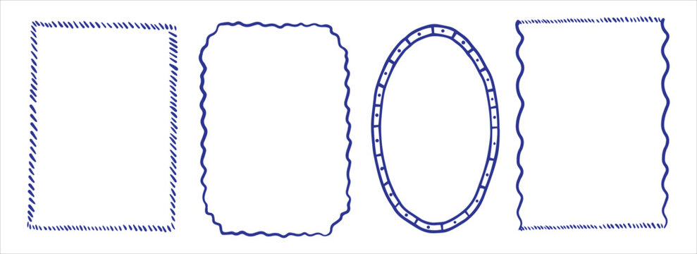 Ink vintage stamp coastal frames set in marine sea style. wavy sketch art line borders. Minimal square arch oval and rectangle coquette shapes kit. Hand drawn empty frame for menu, wedding, invitation