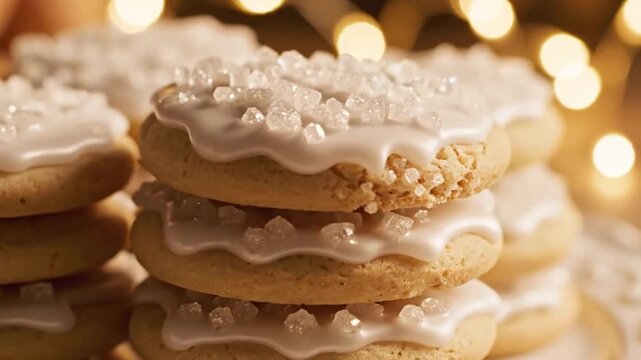 A warm and inviting close-up shot showcases a stack of freshly baked, round cookies generously topped with smooth white icing and sparkling sugar crystals. The shallow depth of field draws attention t