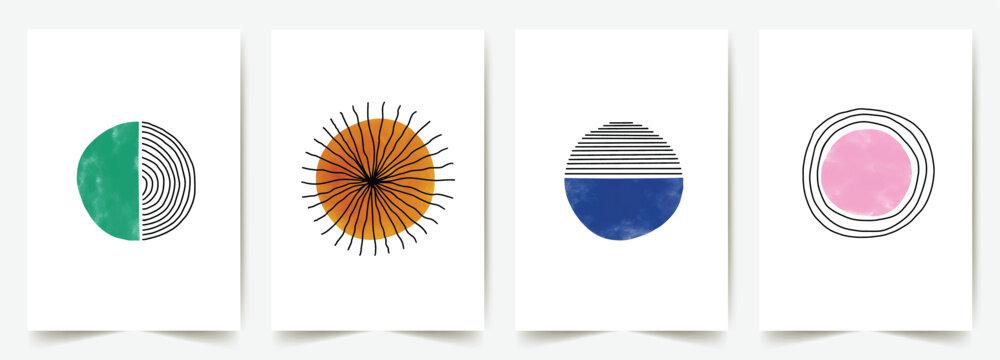 Hand painted creative minimalist modern aesthetic abstract art background. Watercolor stain, doodle lines scribble circle. Bohemian style design for wall decoration, postcard,cover, poster or brochure