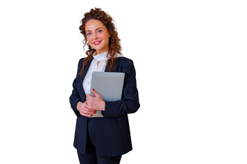 Naklejka premium Professional businesswoman smiling, holding a laptop or tablet, expressing confidence, expertise, and determination on transparent background
