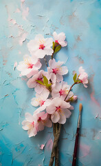 Flat lay of cherry blossom branch and paintbrush on textured blue background. Spring floral art concept with copy space