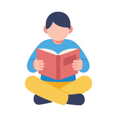 Boy Sitting Cross-Legged and Reading a Book Flat Vector Icon
