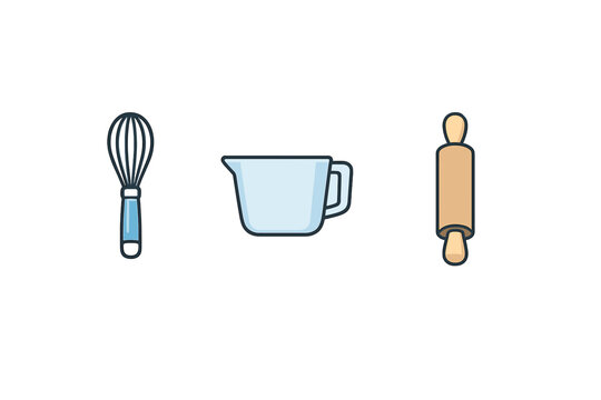 Cooking tools include a whisk, measuring cup, and rolling pin placed on a simple background