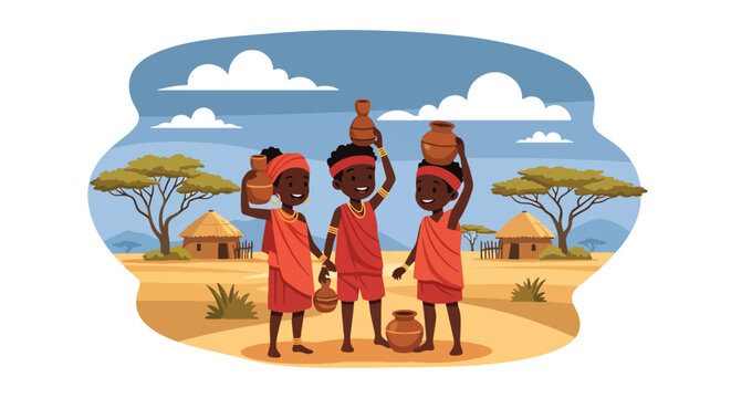 Vector illustration of African children fetching water together with containers, reflecting teamwork and daily rural life while promoting responsibility and cooperation in flat vector style