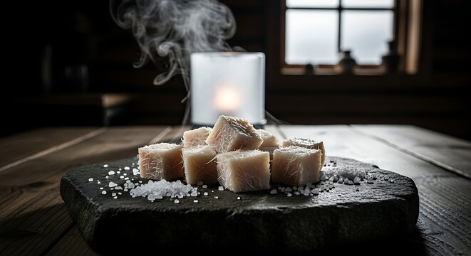 Traditional Icelandic H&aacute;karl Fermented Shark Cubes with Sea Salt and Candlelight