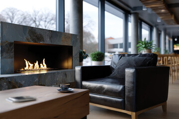 Obraz premium A cozy living room featuring a stylish leather armchair next to a modern fireplace, evoking warmth and comfort in a contemporary setting.
