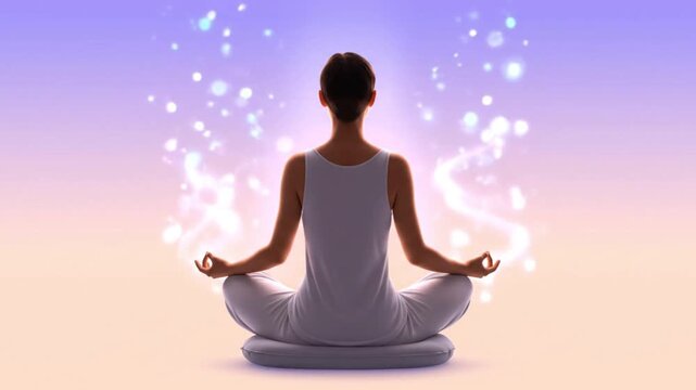 Peaceful woman in deep meditation, radiating serene light and shimmering energy, finding spiritual harmony and inner balance through mindful practice and self-reflection