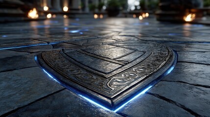 Ancient stone floor with carved shield symbol and glowing blue neon light cracks. Cyber security firewall, data protection and fantasy magic dungeon concept
