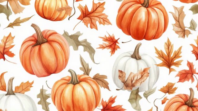 Video A pattern of pumpkins and leaves on a white background, ideal for autumn or Halloween-themed designs