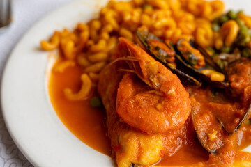 ready-made fidegua dish noodles with seafood on plate Mediterranean cuisine Spain