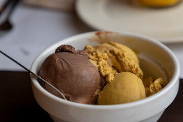 bowl with two scoops of hazelnut ice cream and one of chocolate